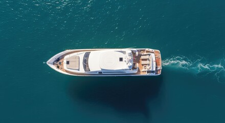 Aerial view of a luxury motor yacht sailing on turquoise ocean water