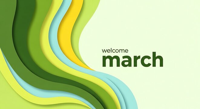 Welcome March abstract wave design with vibrant green yellow blue gradient background for spring season