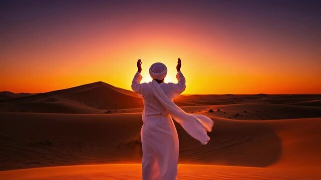 Muslim man in white thobe praying in desert dunes during golden hour sunset