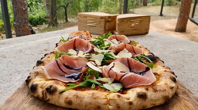 Artisan flatbread pizza with prosciutto arugula and shaved parmesan outdoor dining gourmet meal.