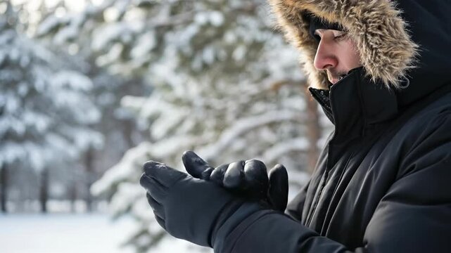 Adult Caucasian man in heavy parka blowing on gloved hands in snowy forest for extreme cold survival