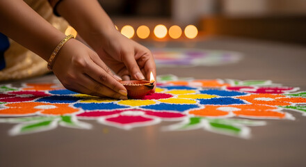 Fototapeta premium Hands creating a vibrant geometric pattern on the floor with colored powder during a traditional celebration