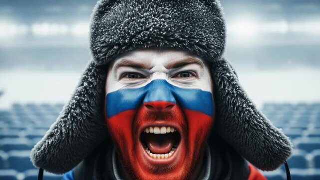 Passionate Russian Hockey Fan in Ushanka Hat Cheering at Winter Sports Arena