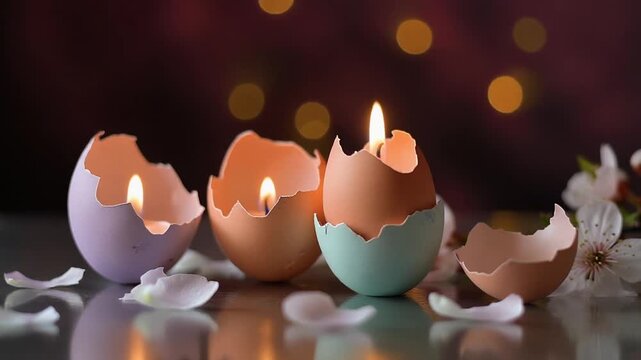 Cracked eggs with candles inside on a reflective surface surrounded by flowers and petals in a dimly lit environment viewed from a slight angle.