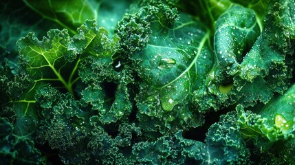 Close-up of fresh curly kale leaves with dewdrops and textured veins, vibrant green and glistening with refreshing vitality