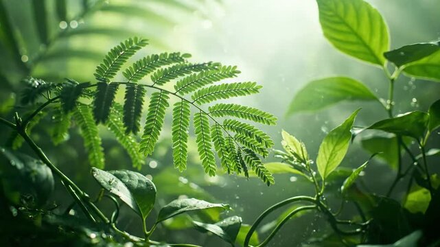 Forest Floor Mystique Low-angle perspective of the forest floor, where dappled light penetrates a canopy and interacts with ground-level foliage. A gentle botanical haze creates an enchanting, misty