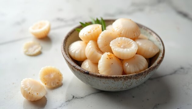 Bowl of fresh bay scallops served on marble surface. Small uncooked sea creatures arranged for meal preparation. Delicious seafood delicacy ready for cooking.