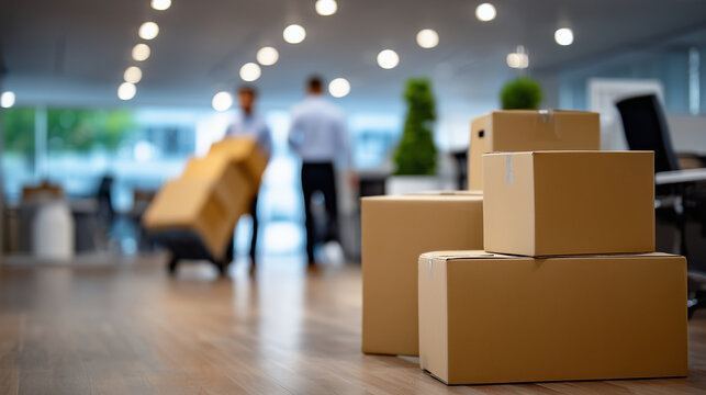Close-up of office workers coordinating while movers lift outdated filing cabinets, cardboard boxes and broken furniture stacked neatly, clean design office background, realistic t