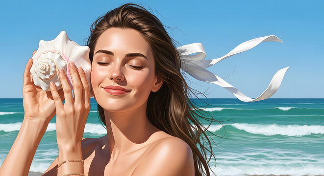 Young woman listening to the sound of the ocean from a large seashell. Happy female holding a conch shell to her ear on a tropical beach during summer vacation. Copy space