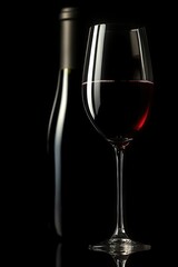 Elegant moody still life of a partially filled red wine glass beside a blurred wine bottle on a dark background conveying sophistication and intimacy
