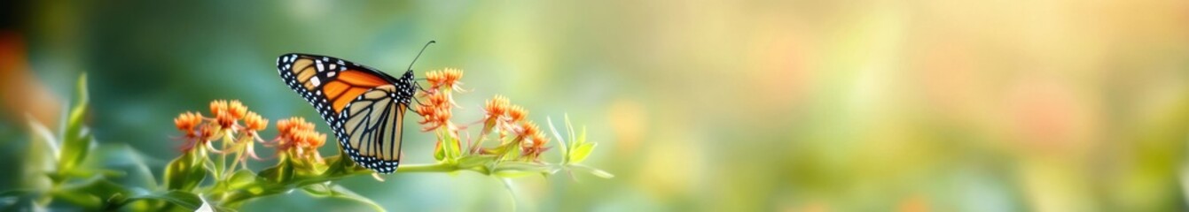 Naklejka premium Orange and black butterfly perched on small orange flowers on a green stem with soft bokeh background, evoking a peaceful, delicate morning in nature
