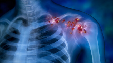High-detail X-ray showing a displaced collarbone fracture, subtle shadowing indicating soft tissue, precision imaging capturing surgical relevance for realignment planning