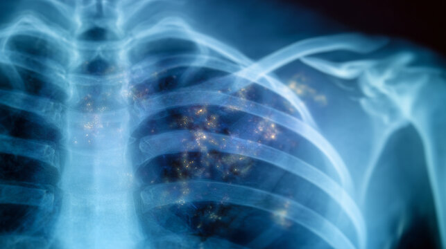 High-detail X-ray showing a displaced collarbone fracture, subtle shadowing indicating soft tissue, precision imaging capturing surgical relevance for realignment planning