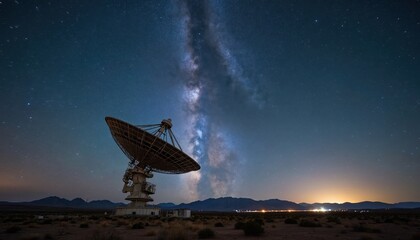 Fototapeta premium Large radio telescope dish under starry night sky and Milky Way galaxy. Desert landscape with mountains and distant city lights. Advanced tech observes deep space.