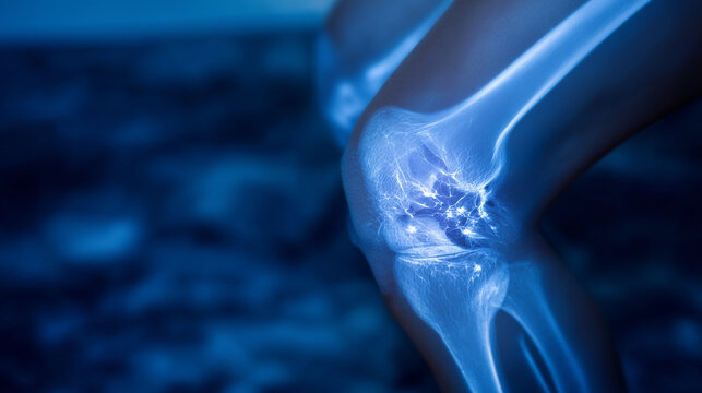 Macro lateral X-ray of knee fracture with visible separation of tibia and fibula, patella slightly displaced, diagnostic detail suitable for pre-surgical planning