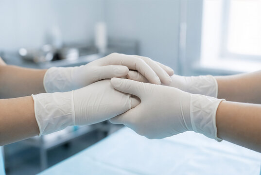 手術室で白い医療用手袋をはめた医師が両手で患者の手を包み握る・チームワークと信頼のクローズアップ医療ケア