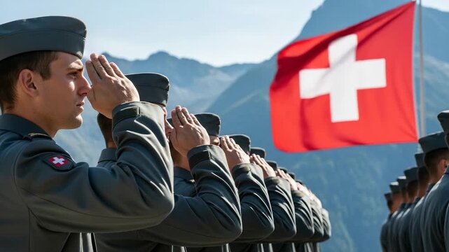 Young male Swiss soldiers saluting the national flag during military service in the mountains