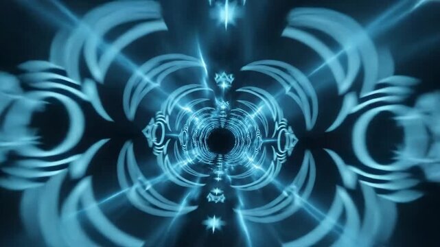 Futuristic cyan glowing tribal ornament tunnel with stars and symmetrical psychedelic portal