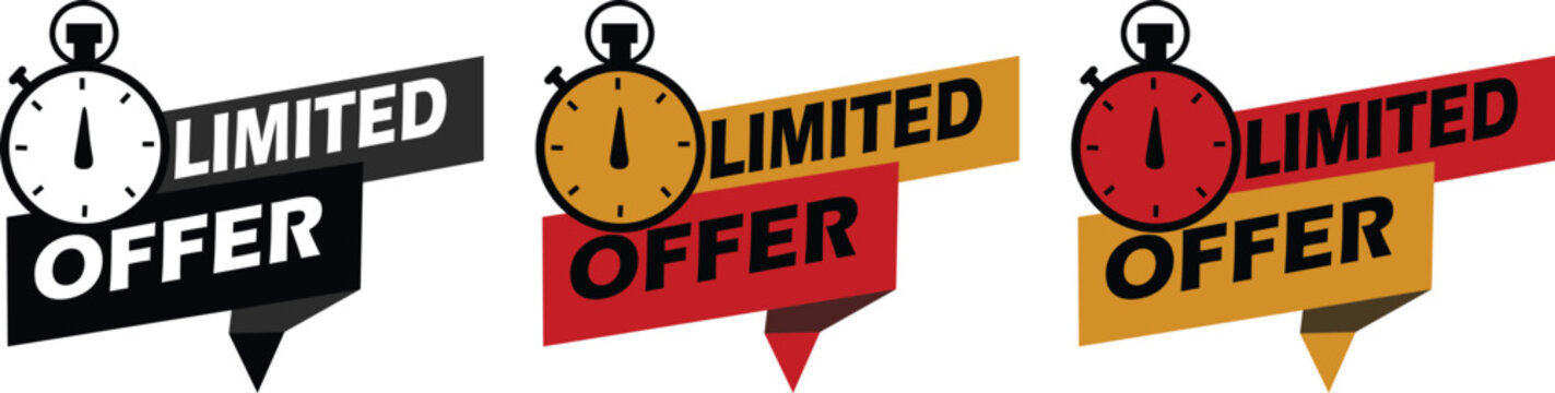 Modern limited offer sale badges icon set collection in red, yellow and black colors with clock and comic style elements. Perfect for discounts, promotions and marketing banners.