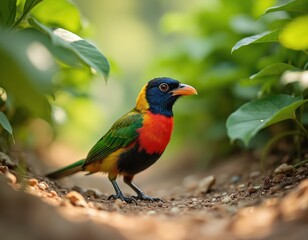 Obraz premium Rainbow lorikeet bird stands on garden ground. Small colorful animal with blue yellow red green feathers, orange beak. Nature wildlife scene.