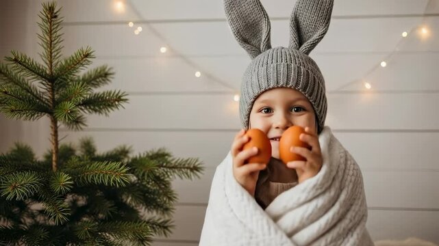Cute Caucasian Child in Bunny Hat Holding Eggs Over Eyes for Cozy Easter Morning