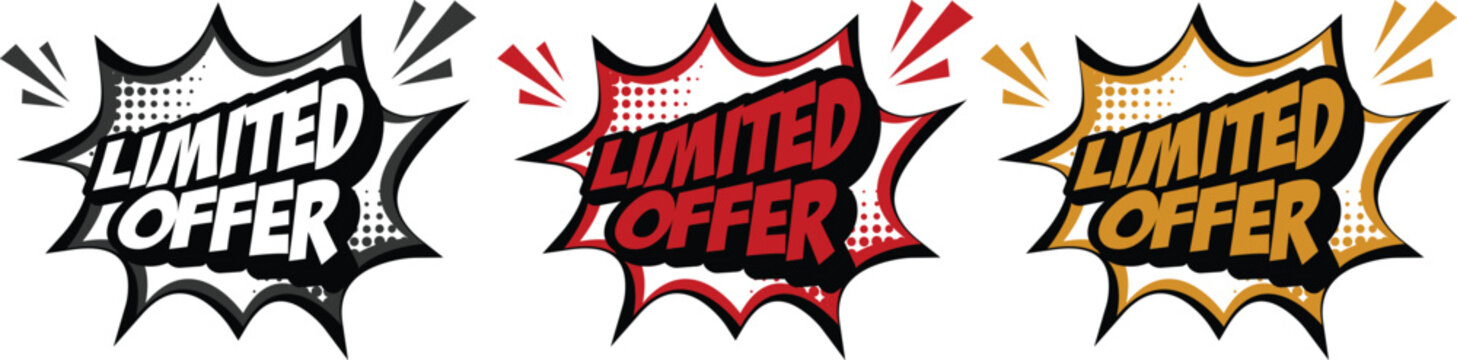 Modern limited offer sale badges icon set collection in red, yellow and black colors with clock and comic style elements. Perfect for discounts, promotions and marketing banners.