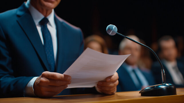 Close-up of hands flipping through official documents, microphone in foreground, blurred council members in background, cinematic color grading emphasizing focus and responsibility