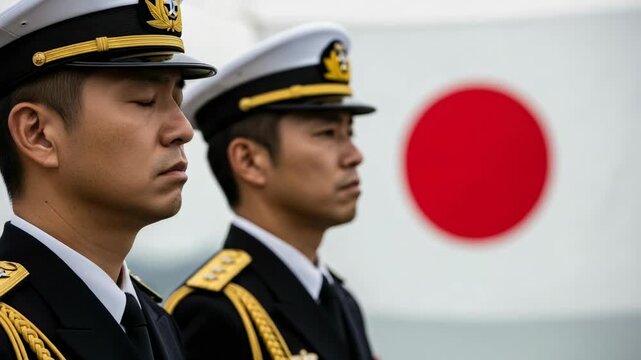 Two Japanese naval officers in formal uniform standing at attention during official ceremony with flag