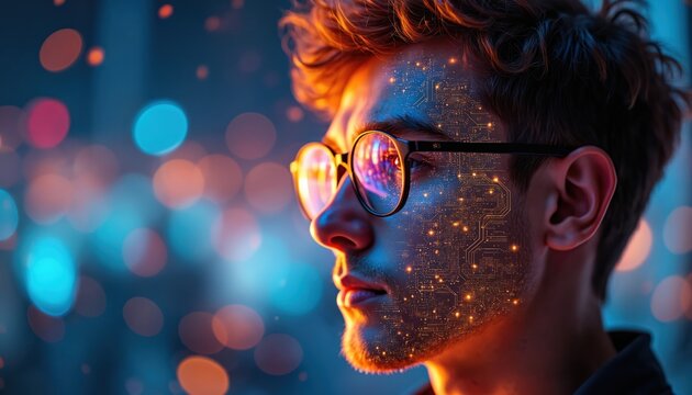 Man with eyeglasses wears digital circuits overlay on face. Futuristic tech profile shows glowing circuits on skin. Person thinks with data streams, artificial intelligence concept.