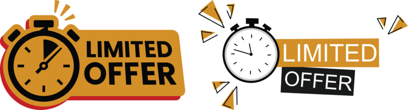 Modern limited offer sale badges icon set collection in red, yellow and black colors with clock and comic style elements. Perfect for discounts, promotions and marketing banners.