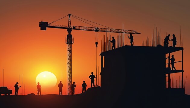 Builders work on unfinished building structure at sunset. Crane lifts materials for construction project. Workers in hard hats coordinate efforts, building homes and industry.
