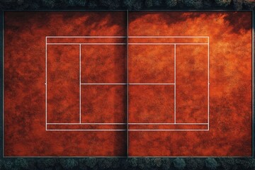 aerial view of two empty red clay tennis courts with white lines, central seam and textured surface, bordered by dark green trees, quiet and dramatic mood