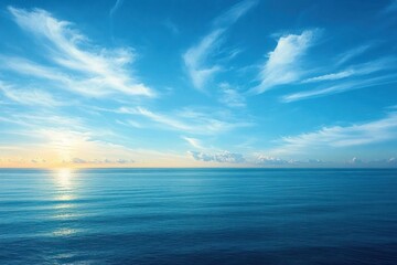 Obraz premium calm open ocean at sunrise with smooth rippling water, glowing sun on the horizon and wispy clouds across a vast blue sky conveying peaceful serenity