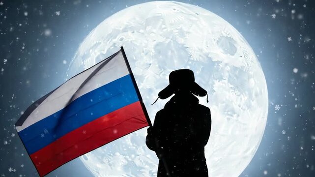 Silhouette of Russian Patriot in Ushanka Hat Holding Flag Under Full Moon and Snow