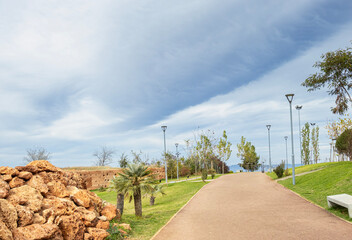 Obraz premium Scenic Modern Park Pathway with Palm Trees and Natural Rock Formations in Morocco under Blue Sky
