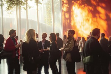 Fototapeta premium Group of professionals chatting and networking in a sunlit modern lobby with tall windows and warm orange light, relaxed and lively atmosphere