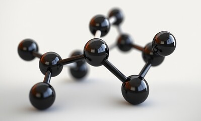 glossy black ball-and-stick molecular model of connected spheres and rods on a clean white background, sleek and futuristic scientific visualization