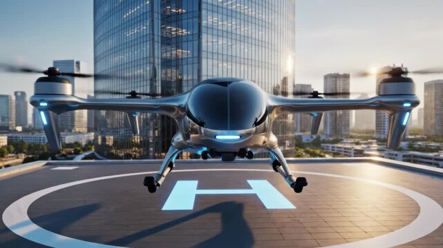 Futuristic Passenger Drone Landing Smoothly On A Modern City Helipad With Sleek Skyscraper Background At Golden Hour Sunlight