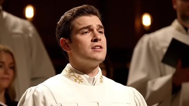 Close-up cinematic shot of a male choir singer with eyes closed, passionately performing vocal music in a dimly lit church or cathedral, symbolizing devotion, faith, and spiritual expression during a