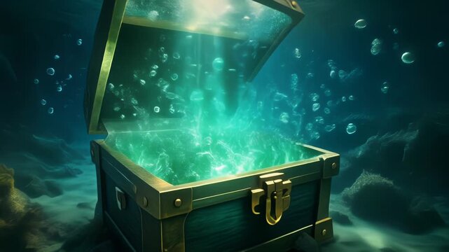 水底で開かれる宝箱と広がる幻想的な緑の光