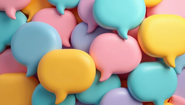 Pile of pastel colored speech bubbles in various soft shades like pink yellow blue and purple creating vibrant background for communication and ideas.