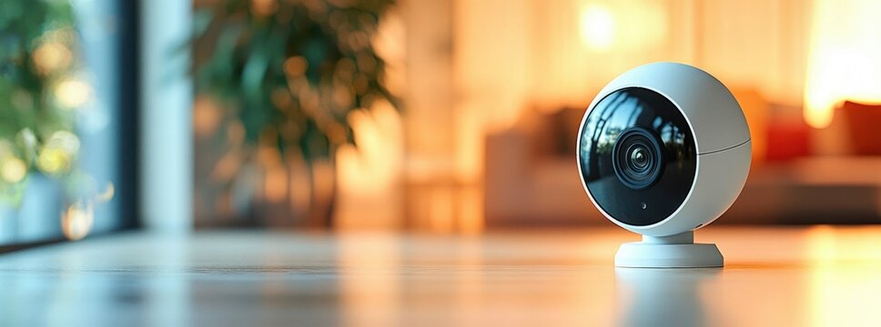 Compact spherical home security camera on a table in a warm cozy living room with soft sunlight and a modern minimalist feel conveying calm and safety