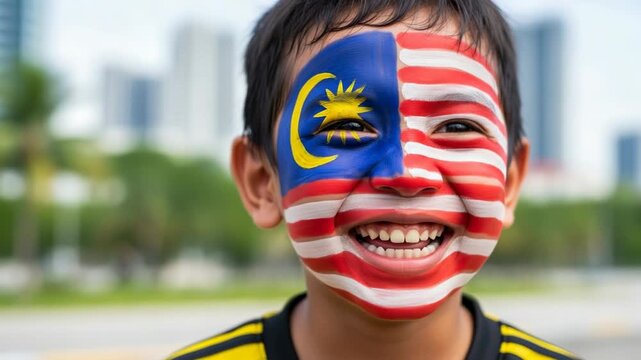 Happy Malaysian Boy with National Flag Face Paint Celebrating Independence Day