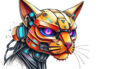 Cybernetic Cat Head with Glowing Blue and Purple Eyes