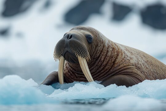Close-up of a resting walrus with long tusks and bristly whiskers lying on sea ice, serene and curious expression in a cold arctic landscape
