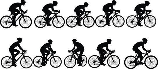 Silhouette of Road Cyclists Riding Bicycles in Dynamic Motion Sequence Black Vector Illustration Isolated on White Background for Sports Design