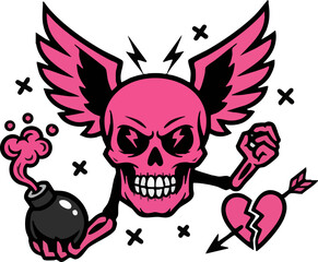 Fototapeta premium Angry Pink Skull with Wings Holding Bomb and Broken Heart