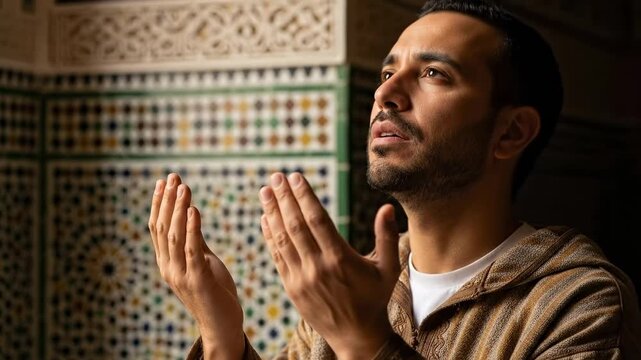 Middle Eastern Muslim Man Praying Dua in Traditional Moroccan Riad