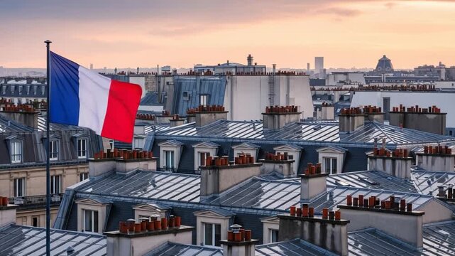 Waving tricolor flag over traditional zinc rooftops and chimneys in urban city at dusk