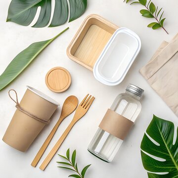 Zero waste lifestyle concept with eco-friendly wooden cutlery, glass bottle, and reusable lunch box on white background.